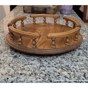 Vintage MCM Solid Oak Wood Lazy Susan Turntable Rails Spin Table Tray 13"